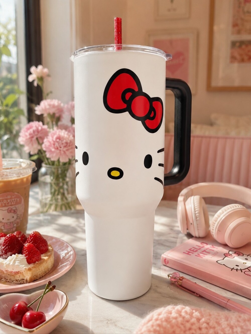 Hello Kitty 40oz Stainless Steel Tumbler Cup With Handle & Straw